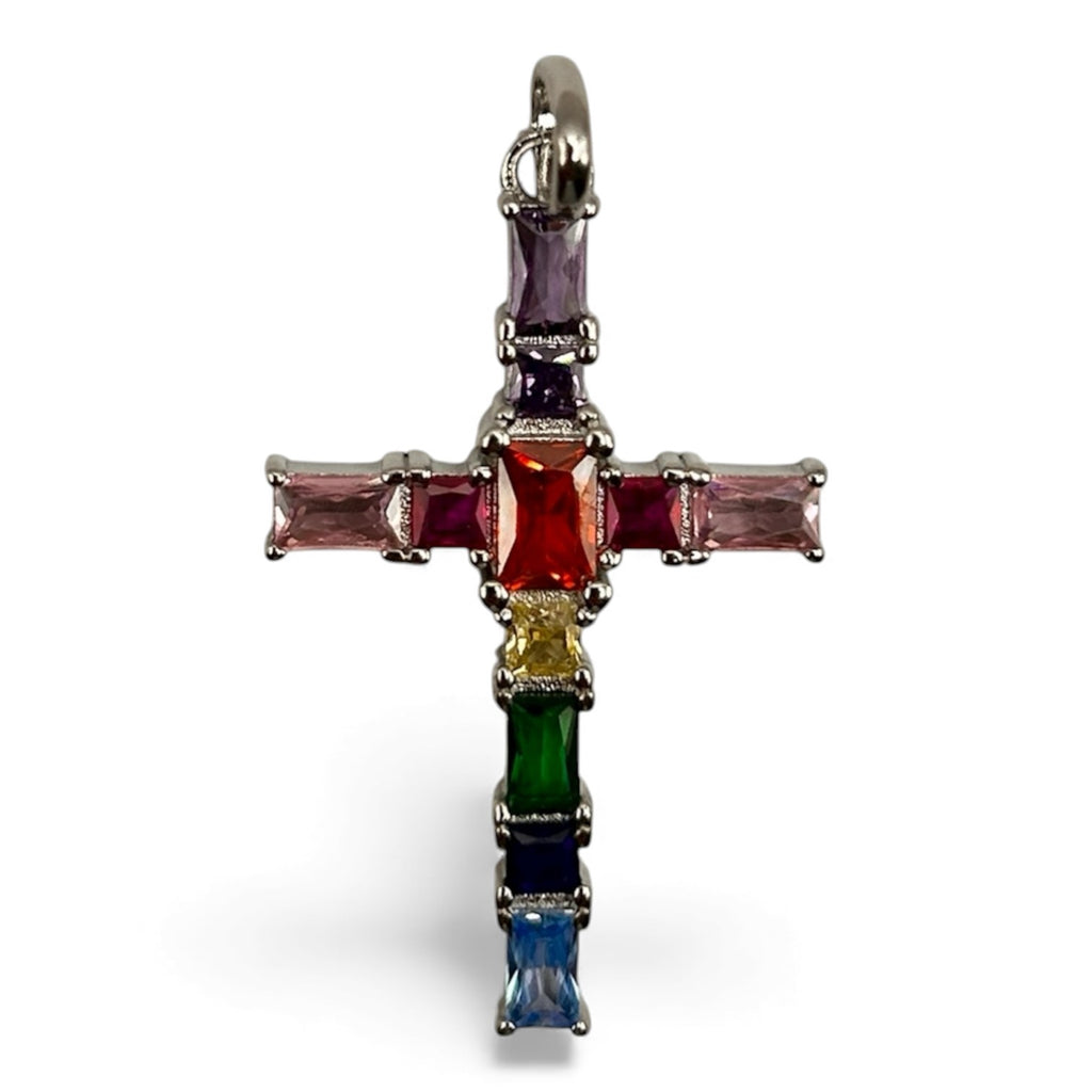 DIJE CRUZ DE PLATA CON ZIRCONIA CÚBICA DE COLORES