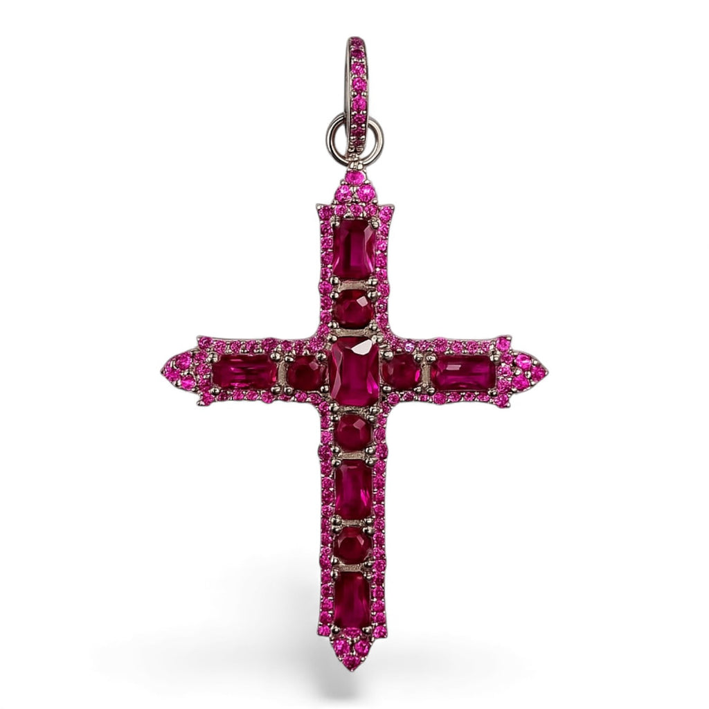 DIJE CRUZ DE PLATA CON ZIRCONIA CÚBICA ROSA