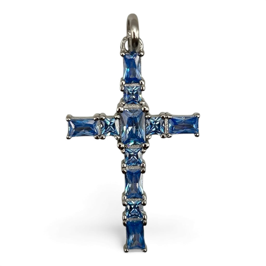 DIJE CRUZ DE PLATA CON ZIRCONIA CÚBICA AZUL