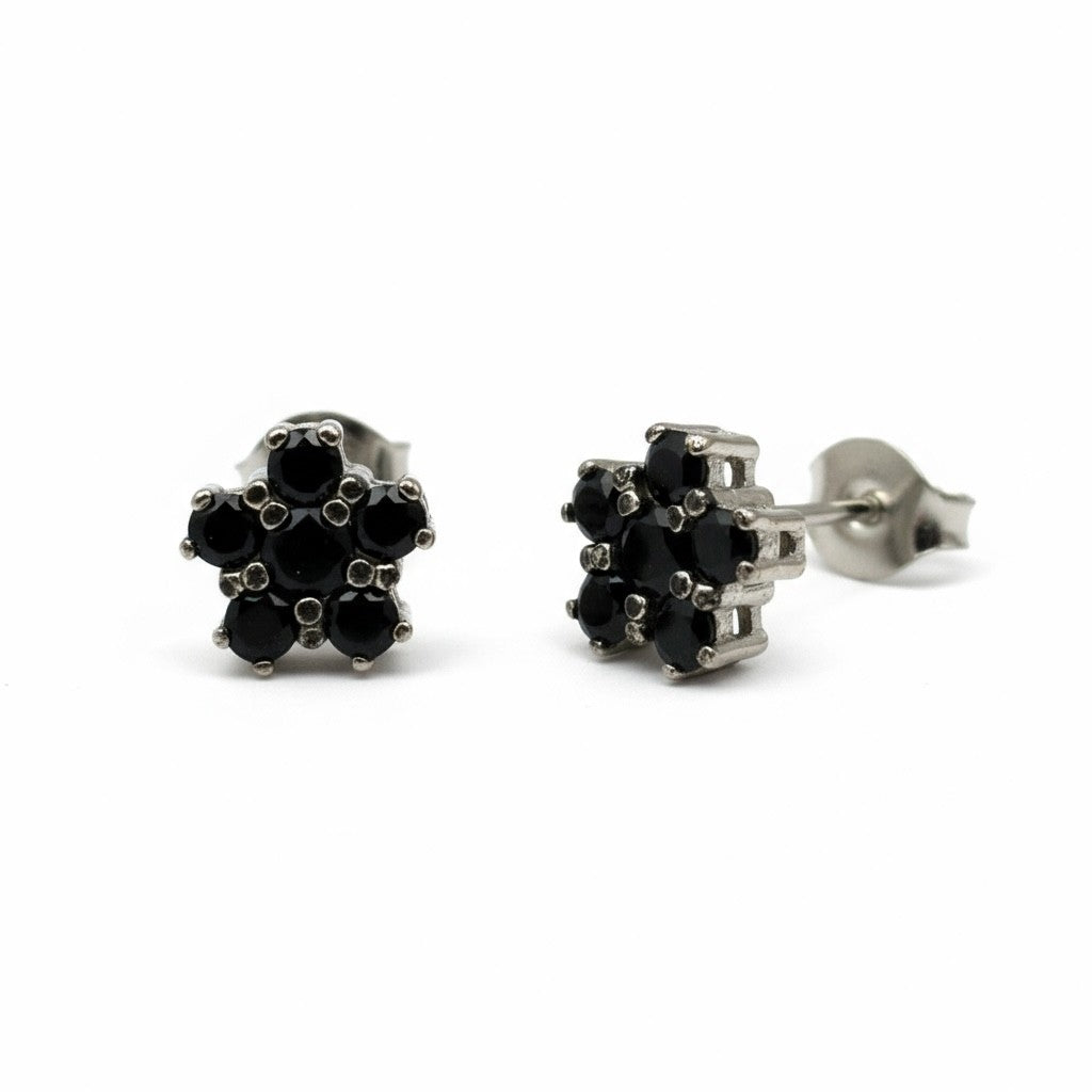 ARETES FLOR DE PLATA CON ZIRCONIA CÚBICA NEGRA