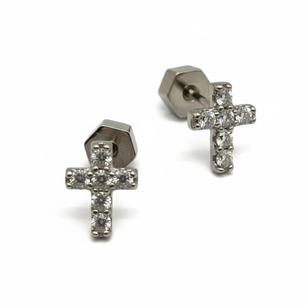 ARETES CRUZ DE PLATA CON CHAPA DE ORO Y MOISSANITA