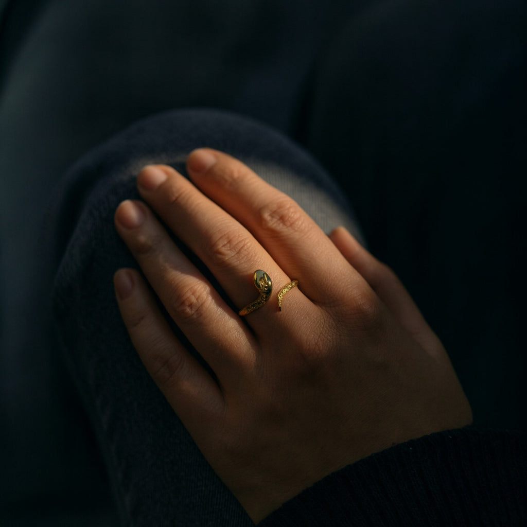 ANILLO SERPIENTE DE PLATA CON CHAPA DE PLATINO