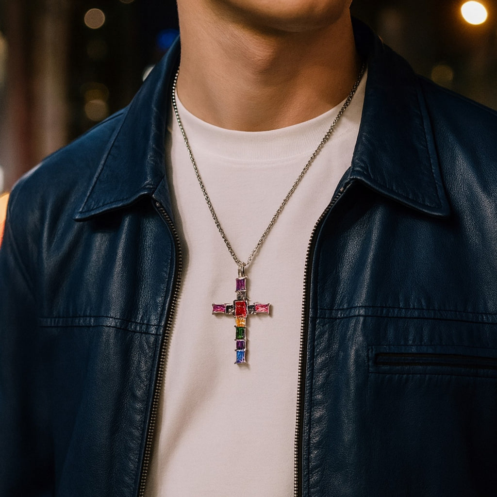 DIJE CRUZ DE PLATA CON ZIRCONIA CÚBICA DE COLORES