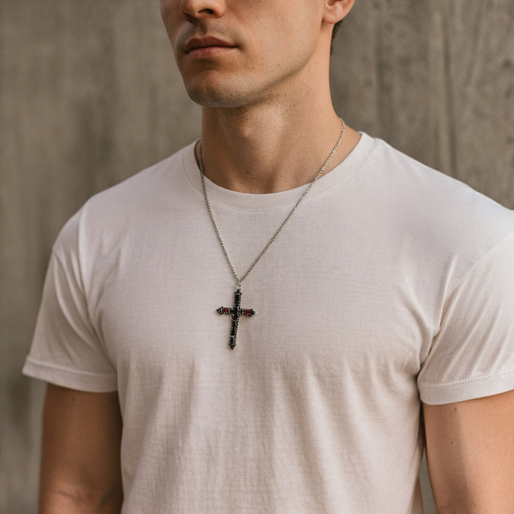 DIJE CRUZ DE PLATA CON ZIRCONIA CÚBICA NEGRA